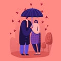 Loving Man and Woman Dating. Happy Couple Hugging, Holding Hands, Walking under Umbrella in Rainy Autumn Weather