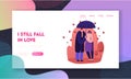 Loving Man and Woman Dating Outdoor Website Landing Page. Happy Couple Hugging, Holding Hands and Walking Royalty Free Stock Photo