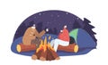 Loving Man and Woman Relax in Winter Camping with Tent and Bonfire. Couple Travel for Christmas Winter Holidays