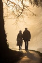 aged couple walking away in a foggy early morning dew. back view, rear view, full view. Royalty Free Stock Photo