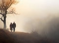 aged man and woman walking side by side. loving mature couple. back view, rear view, full view. Royalty Free Stock Photo