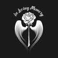 In loving memory text and rose with wings on black background vector design