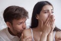 Loving man soothing crying woman, apologizing after quarrel Royalty Free Stock Photo