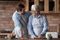 Loving millennial son embrace retired father shoulder enjoy cooking together