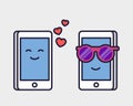 Loving mobile phones. Romantic correspondence. Concept of a site or a chat of acquaintances. Line vector illustration.