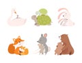 Loving mom animals hugging cubs set. Cute parent and baby animal. Families of goose, turtle, rabbit, fox, mouse, bear