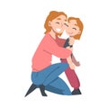 Loving Mom Hugging her Little Daughter with Tenderness, Maternity Love Concept Cartoon Style Vector Illustration