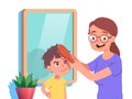 Loving mother combing, brushing son's hair at home