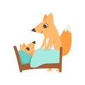 Loving mother fox putting her baby to sleep, animal family, parenting concept vector Illustration on a white background Royalty Free Stock Photo