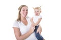 Loving mother holding baby boy isolated on white Royalty Free Stock Photo