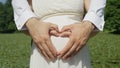 Loving parents to be making a heart shape with their hands on pregnant belly. Royalty Free Stock Photo