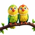 Loving parrots radiating joy and affection. A delightful duo of lovebirds brought to life in a 3D animated cartoon character style