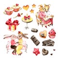 Loving rabbits, mice, sweet cups, chocolate and heart set. Valentine background. lovely cup texture. watercolor texture