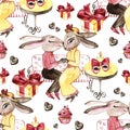 Loving rabbits, sweet cups, chocolate and heart seamless pattern. Valentine background. lovely cup texture. watercolor
