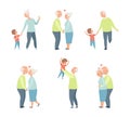 Loving Senior Couple Having Romantic Relations Holding Hands and Walking with Grandson Vector Set