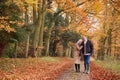 Loving Senior Couple Holding Hands As They Walk Along Autumn Woodland Path Through Trees Together Royalty Free Stock Photo