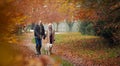 Loving Senior Couple Walking With Pet Golden Retriever Dog Along Autumn Woodland Path Through Trees Royalty Free Stock Photo