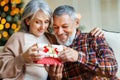 Loving senior man husband giving Christmas present gift box to happy surprised wife Royalty Free Stock Photo