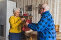 Loving sweet elderly husband giving his wife a red rose and a gift bag with a surprise for her birthday