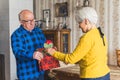 Loving sweet elderly husband giving his wife a red rose and a gift bag with a surprise for her birthday