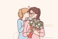 Loving teenage girl gives flowers to mom on eve of eighth of March or mother day. Vector image Royalty Free Stock Photo