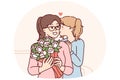 Loving teenage girl gives flowers to mom on eve of eighth of March or mother day. Vector image Royalty Free Stock Photo