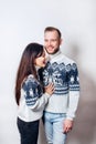 Loving winter couple on white background Royalty Free Stock Photo