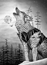 Loving wolves in nature. Wolf drawing. Animal illustration.