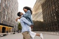 Loving young african couple enjoy each other walking outdoors during day. Royalty Free Stock Photo