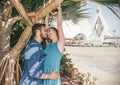 Loving young couple close to kiss outdoor - Romantic happy lovers having a cute story of love in vacation on their honeymoon Royalty Free Stock Photo