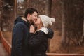 Loving young couple happy together outdoor on cozy warm walk in autumn forest Royalty Free Stock Photo