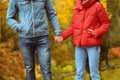 Loving young couple holding hands in autumn park Royalty Free Stock Photo