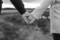 A loving young couple holding hands. Hands of a girl and a guy close-up. On a date boy and girl on the nature Royalty Free Stock Photo