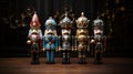5 lovingly made and finely painted nutcrackers with great ornaments and decorations stand next to each other