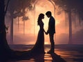 A lovly couple shadow art with fantasy background .