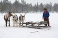 Lovozero, Russia - January 08, 2014, Sami national costume near the reindeer