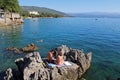 Lovran`s coast,rocks and waves, Adriatic coast, Kvarner bay, city details, Croatia