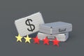 Low achievement of service quality. Money suitcase and five rating stars