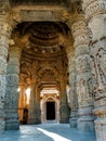 Low angal veiw of the assembly hall frome stapes to Kunda, the reservoir Sun Temple, Modhera Royalty Free Stock Photo