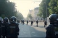 Low angle of anonymous police soldiers in protective uniforms and helmets standing against squad van and defending by