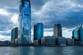 Low Angle Architectural View of Modern Glass Skyscrapers Featuring One World Trade Center Building Against Blue Sky Royalty Free Stock Photo