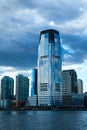 Low Angle Architectural View of Modern Glass Skyscrapers Featuring One World Trade Center Building Against Blue Sky Royalty Free Stock Photo