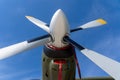 Low angle of aviation propeller of military aircraft transall c160 with blue sky in the background Royalty Free Stock Photo