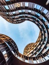 Low angle of Axel Towers, an iconic mixed-use office building in Copenhagen, Denmark