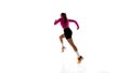 Low angle back view image of young sportive woman, running athlete in motion, training isolated on white studio Royalty Free Stock Photo