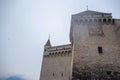 Low angle of beautiful clock tower in chateau de chillon, castle in Montreux Switzerland, on cloudy sky background Royalty Free Stock Photo