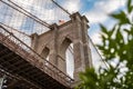 Low angle of the Brooklyn Bridge in New York City with the American flag on the top Royalty Free Stock Photo