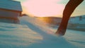 LOW ANGLE: Brown horse walking through the deep snow at foggy winter sunrise. Royalty Free Stock Photo