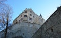 Low angle of Brunico castle in winter time, sunny day, Bruneck in Puster Valley, South Tyrol, Italy