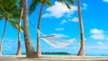 LOW ANGLE: Cinematic shot of a lonely rope hammock on the untouched sandy beach.